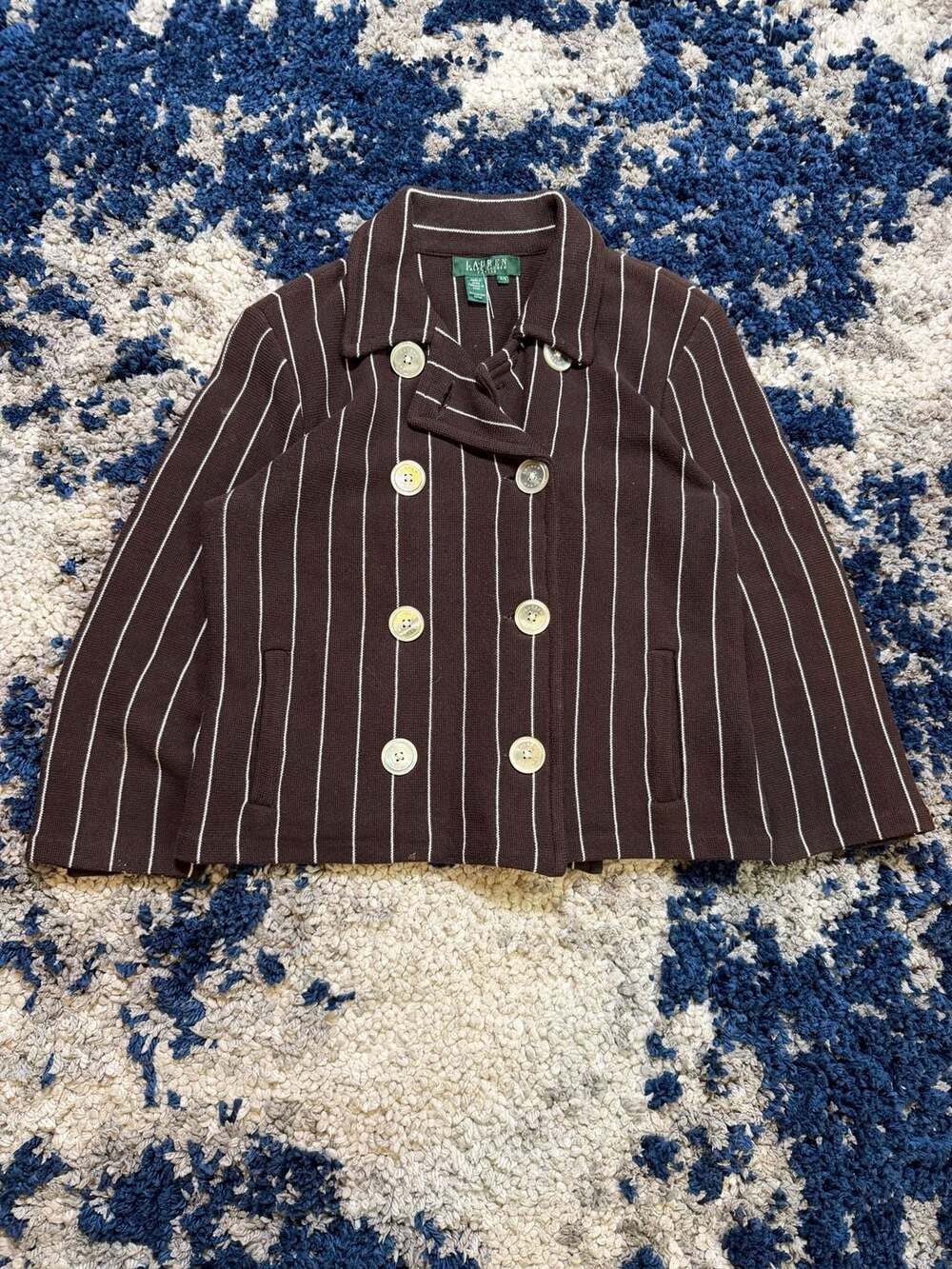 Lauren Ralph Lauren Petite P/S Brown Striped Double Breasted Knit Jacket